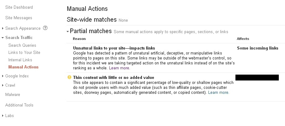 Partial Match Manual Actions + Thin Content
